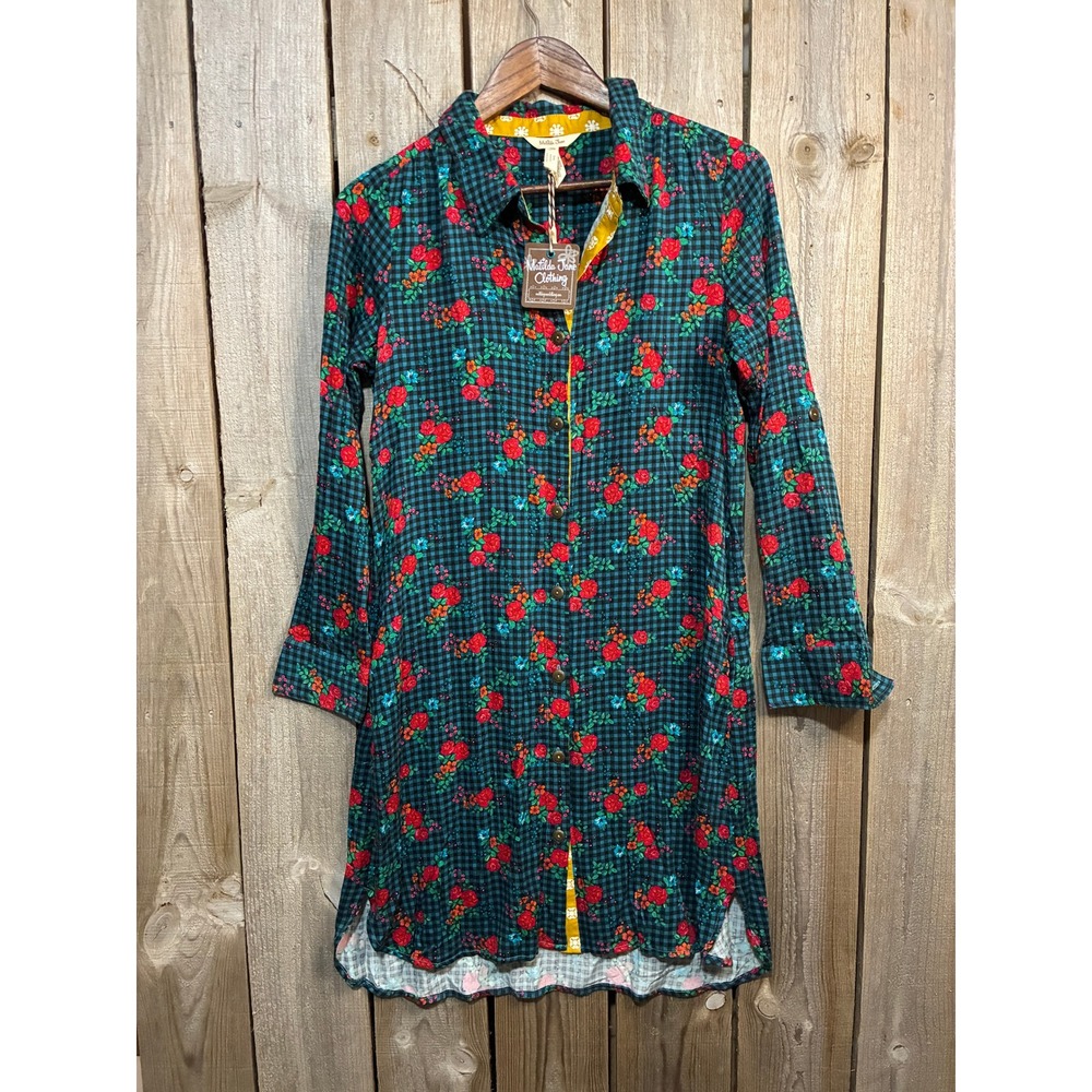Matilda Jane‎ Womens XS Floral Gingham Shirt Dress Teal Black Red Rayon 28842D